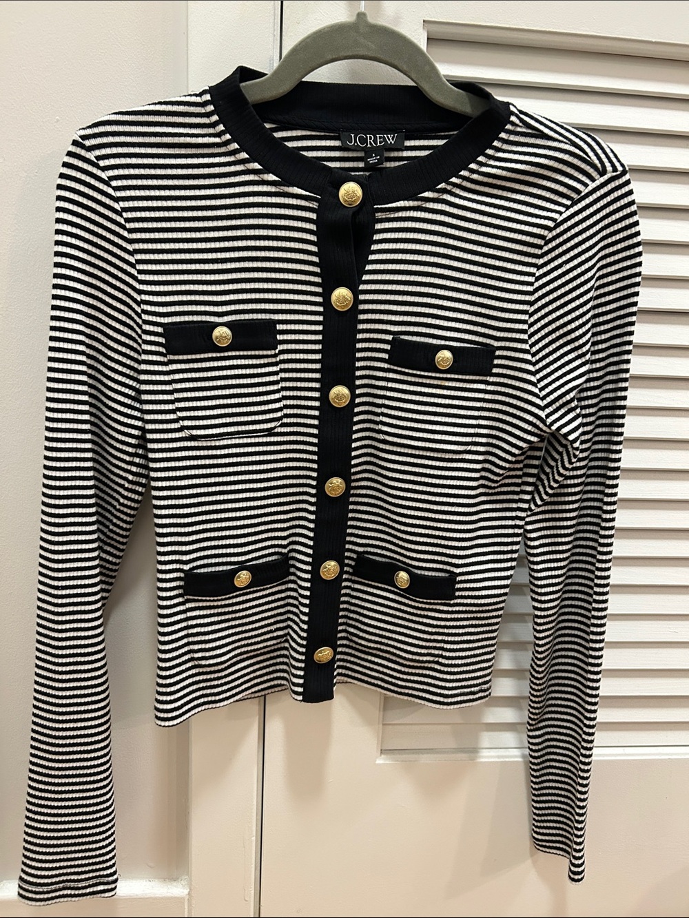 J. Crew Black and White Striped Gold-Button Cardigan Jacket